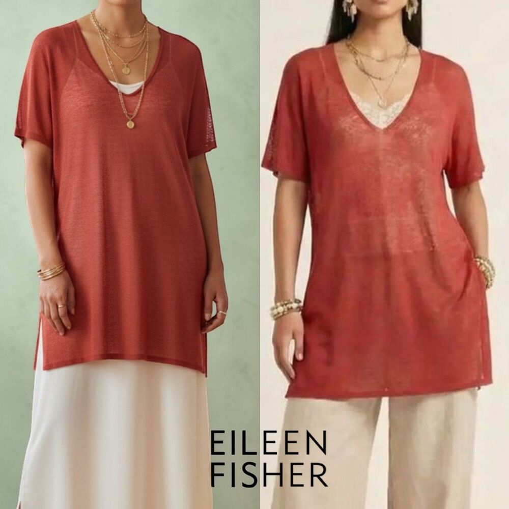 Eileen Fisher Red Short Sleeve Linen Blend Sheer Knit Tunic / Mini Dress Length